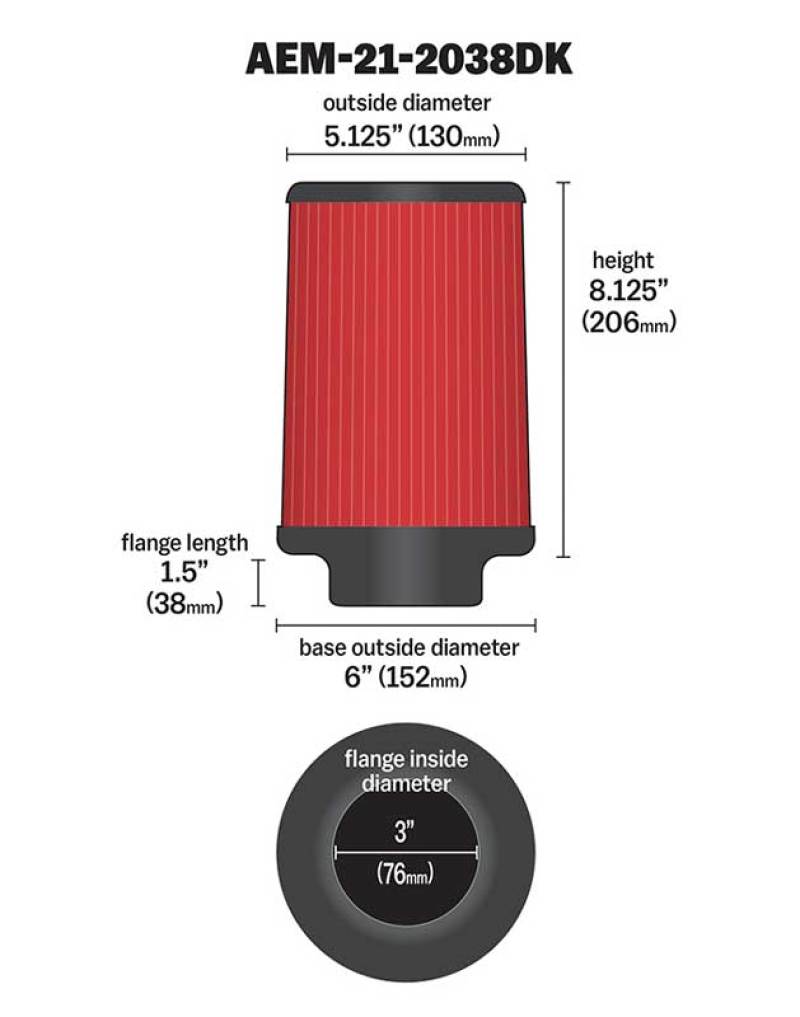 AEM 3 inch Short Neck 8 inch Element Filter Replacement - Black Ops Auto Works