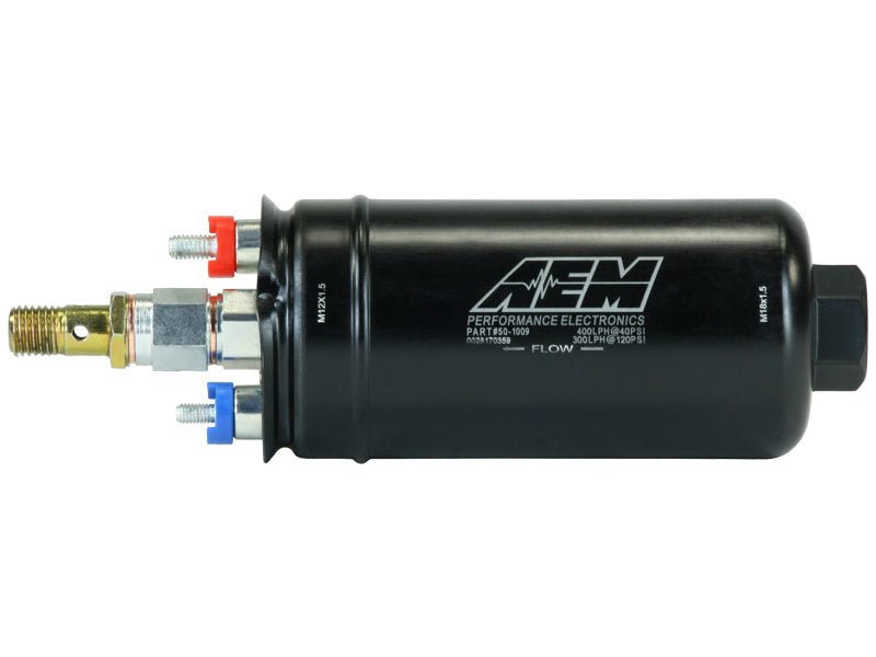 AEM 400LPH High Pressure Inline Fuel Pump - M18x1.5 Female Inlet to M12x1.5 Male Outlet - Black Ops Auto Works
