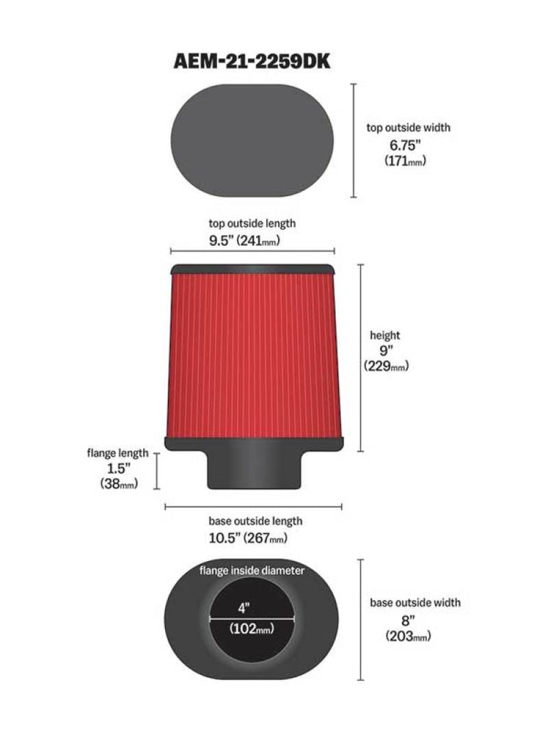 AEM 4.00 inch Dryflow Air Filter Oval 9.00 inch Element - Black Ops Auto Works