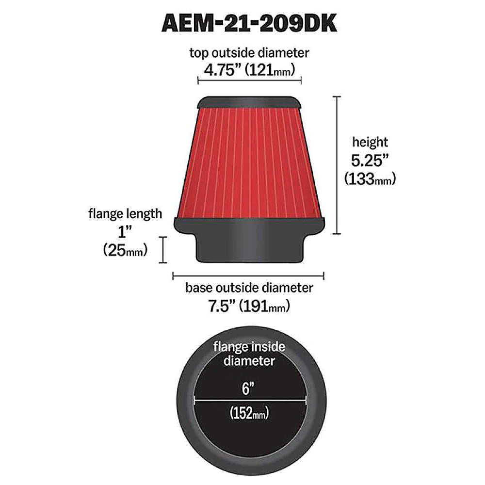 AEM 6 inch x 5 inch DryFlow Conical Air Filter - AEM Induction 21-209DK
