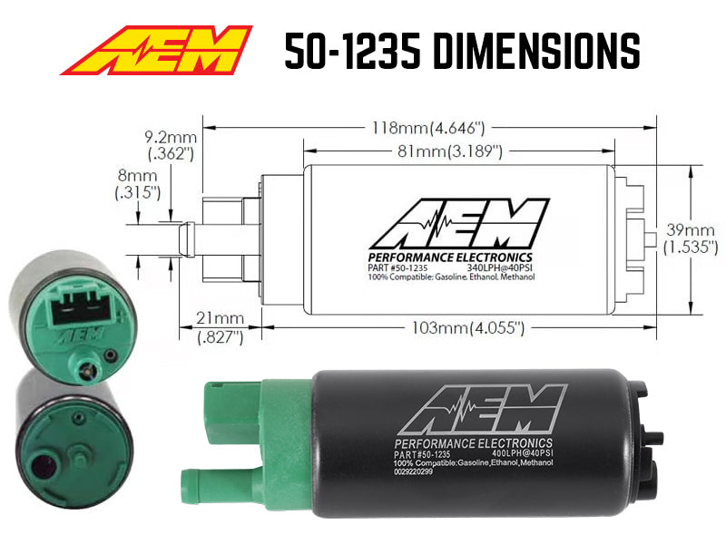 AEM 400 LPH E85 Compatible Fuel Pump Kit - Single Barb - Ethanol Compatible - AEM 50-1235