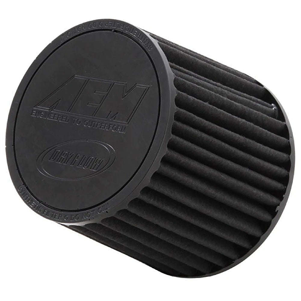 AEM 21-2110BF tapered pleated air filter with black end cap, angled view