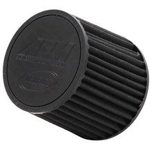 Load image into Gallery viewer, AEM 21-2110BF tapered pleated air filter with black end cap, angled view