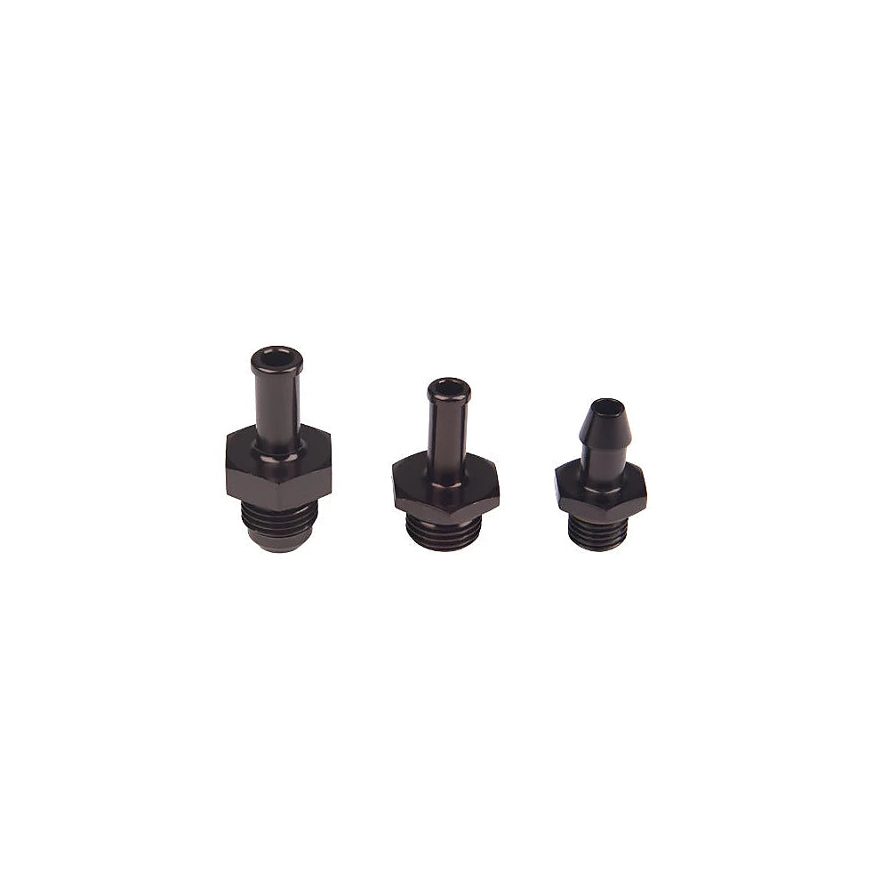 Three barbed fuel fittings shown for comparison