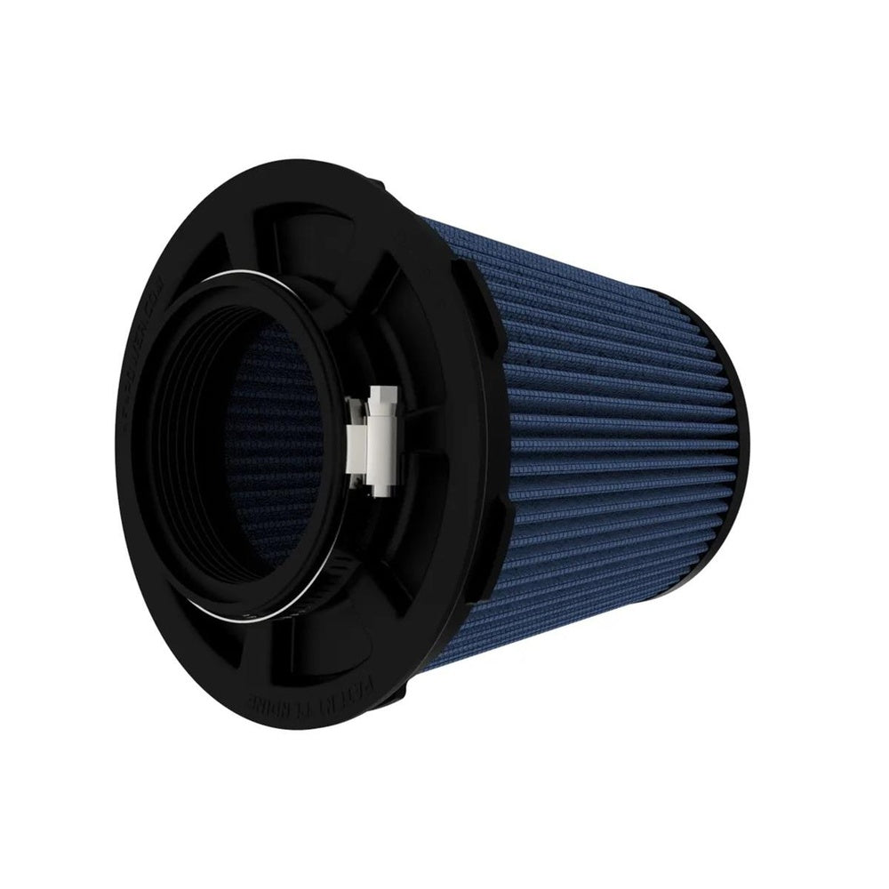 aFe Power 20-91211R air filter side profile showing the inverted top inlet opening and molded flow-control ring
