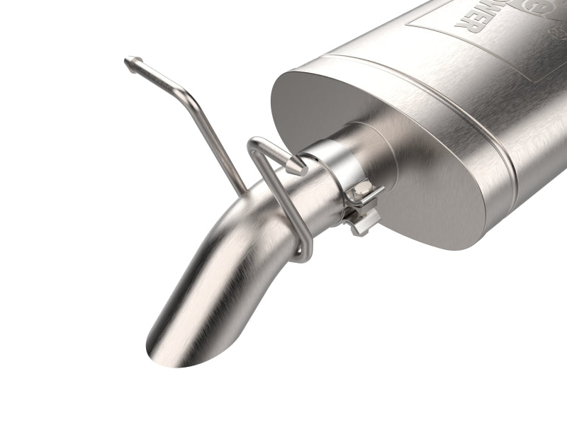 aFe Rock Basher exhaust tailpipe tip and muffler, close-up studio product shot