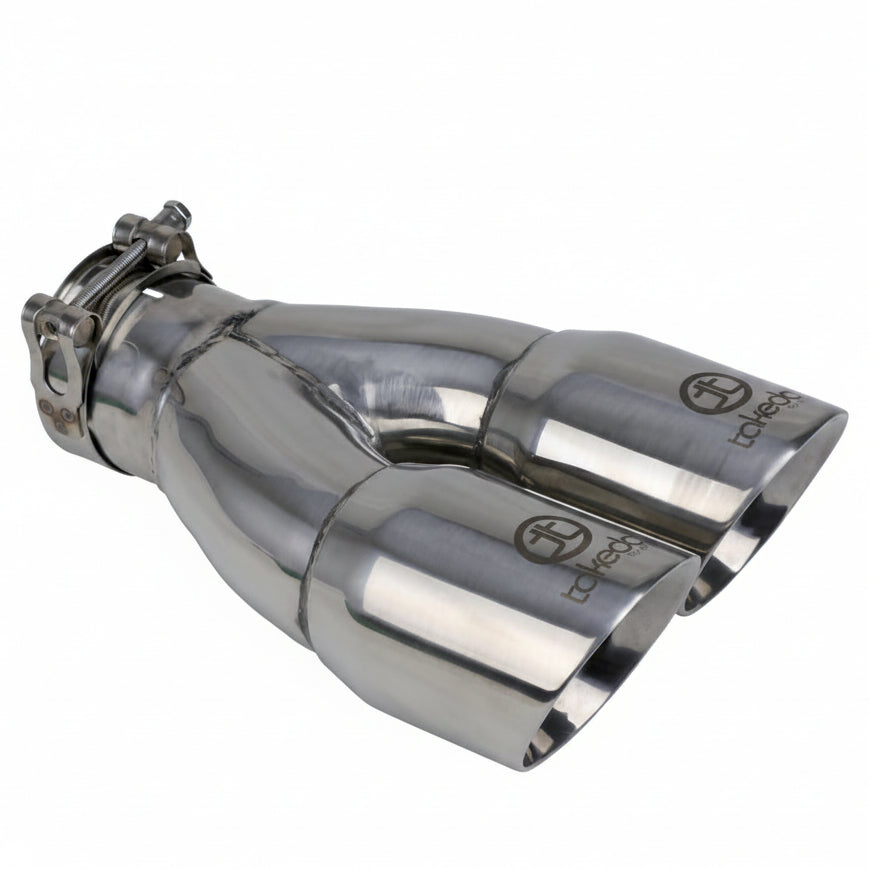 Polished aFe Takeda exhaust tip showing dual outlet