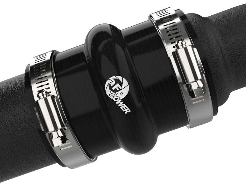 Close-up of aFe BladeRunner charge pipe silicone coupler with double hose clamps