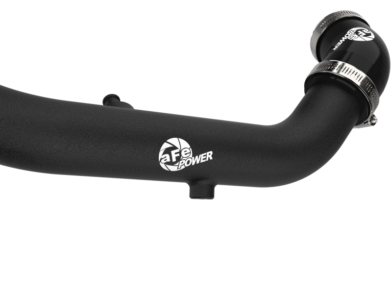 aFe BladeRunner black aluminum charge pipe with aFe Power logo badge, close-up