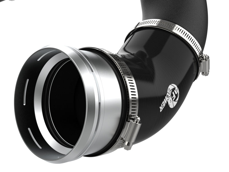 aFe BladeRunner black aluminum charge pipe, close-up of coupler and hose clamps