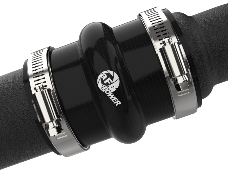Close-up of aFe BladeRunner charge pipe silicone coupler with double hose clamps