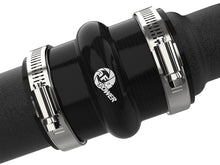 Load image into Gallery viewer, Close-up of aFe BladeRunner charge pipe silicone coupler with double hose clamps