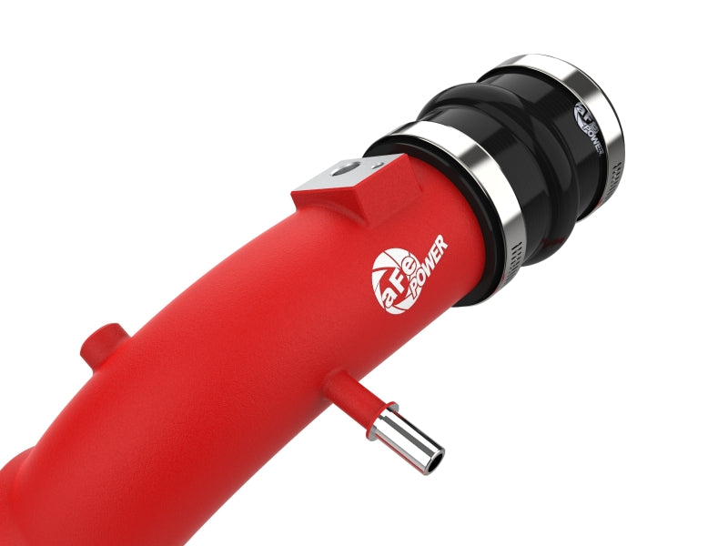 aFe BladeRunner red aluminum charge pipe with aFe Power logo badge, close-up