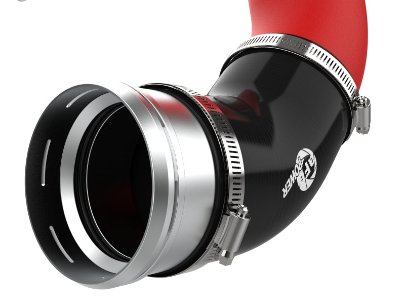 aFe BladeRunner red aluminum charge pipe elbow with black silicone coupler, close-up