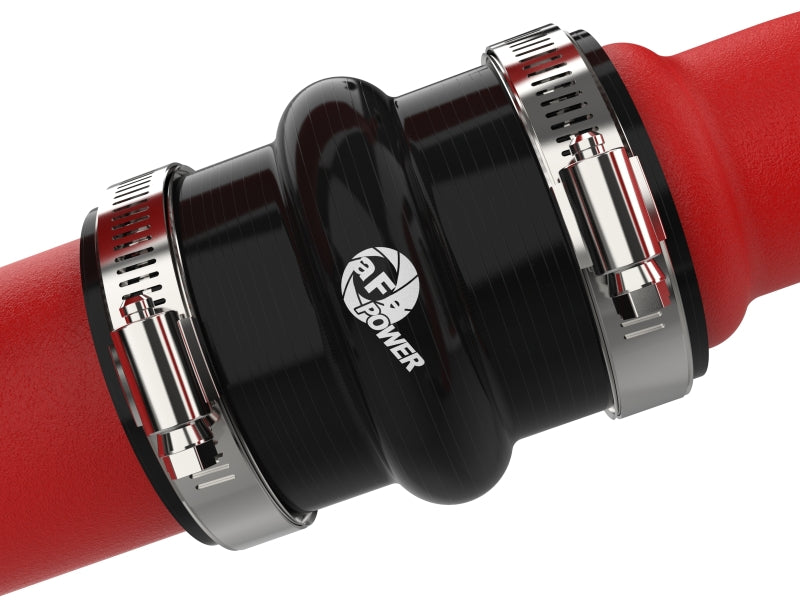 Close-up of aFe BladeRunner charge pipe silicone coupler with double hose clamps on red pipe