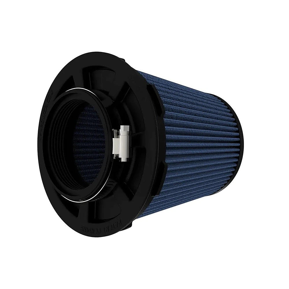 aFe Power 20-91211R air filter side profile showing the inverted top inlet opening and molded flow-control ring
