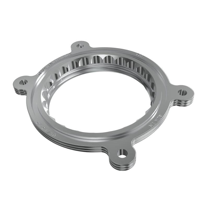 aFe Silver Bullet throttle body spacer ring, front angled view showing bolt bosses