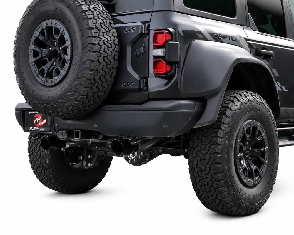 aFe Vulcan exhaust with black tips installed on 2022-2026 Ford Bronco Raptor
