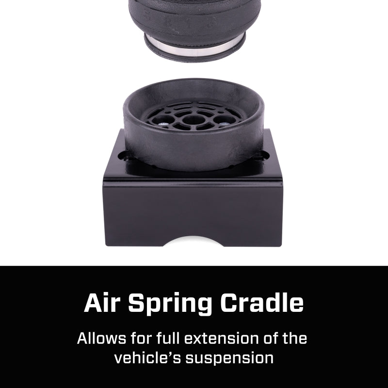 Product graphic of the air spring cradle explaining that it allows full extension of the vehicle suspension