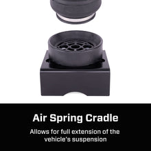 Load image into Gallery viewer, Product graphic of the air spring cradle explaining that it allows full extension of the vehicle suspension