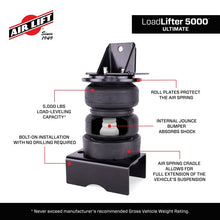 Load image into Gallery viewer, Labelled diagram of the LoadLifter 5000 Ultimate air spring calling out the roll plates, internal jounce bumper, cradle and load levelling capacity