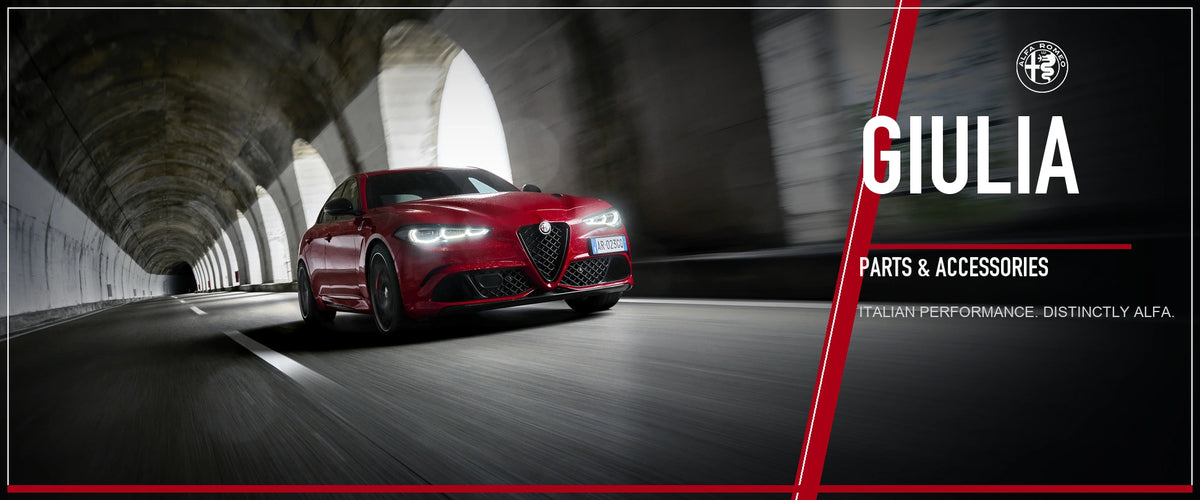 Alfa Romeo Giulia collection header banner with red Giulia sedan driving through an Italian tunnel, authentic Alfa Romeo badge, and Giulia typography