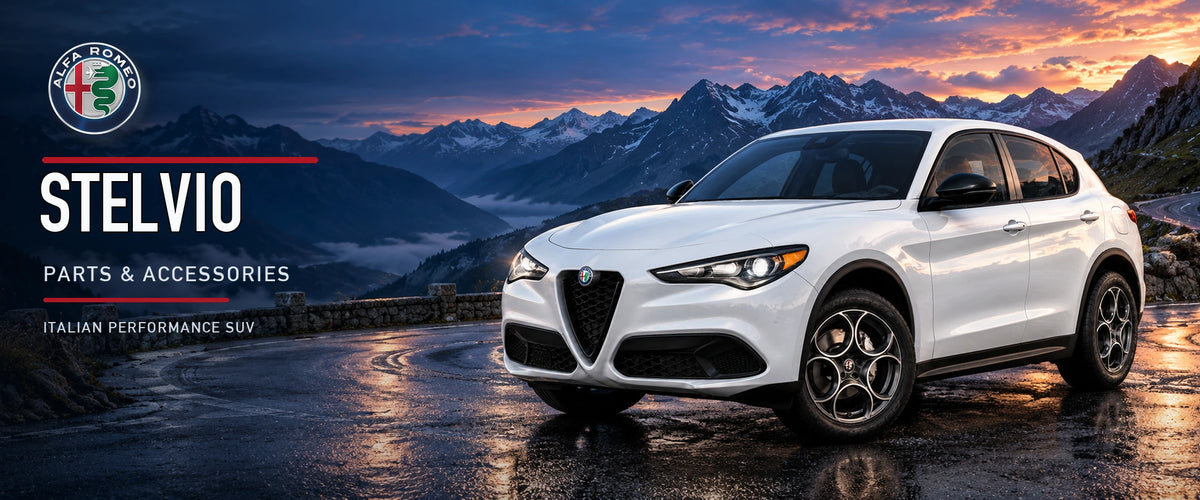 Alfa Romeo Stelvio collection header banner with white Stelvio SUV on an Alpine mountain road, authentic Alfa Romeo badge, and Stelvio typography
