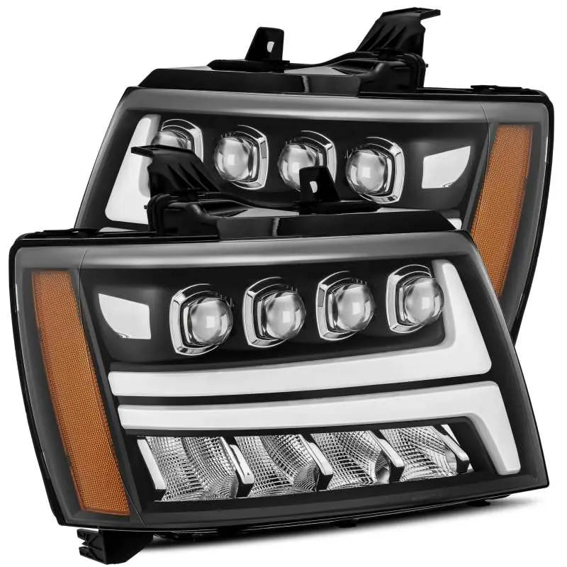 AlphaRex 07-13 Chevy Avalanche NOVA LED Proj Headlights Plank Style Matte Black w/Activ Light/DRL - Black Ops Auto Works