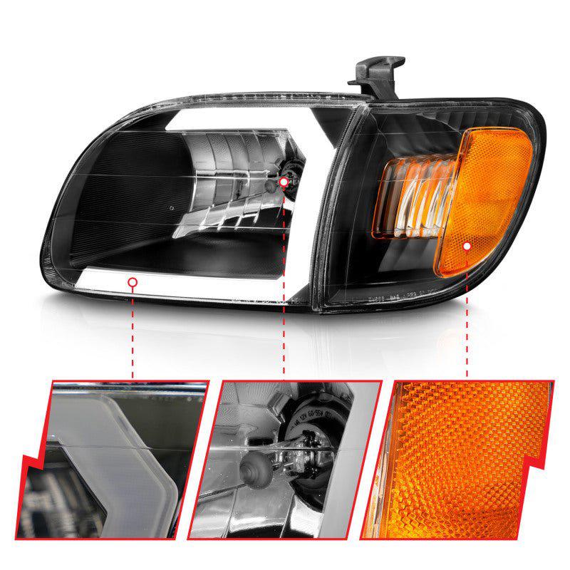 ANZO 00-04 Toyota Tundra (Fits Reg/Acc Cab Only) Crystal Headlights w/Light Bar Black w/Corner Light - Black Ops Auto Works