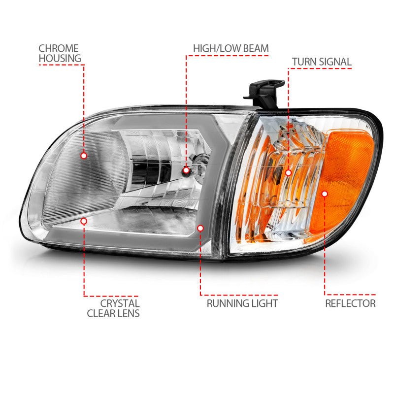 ANZO 00-04 Toyota Tundra (Reg/Acc Cab Only) Crystal Headlights w/Lgt Bar Chrome w/Corner Lights 2pc ANZO ANZ111580