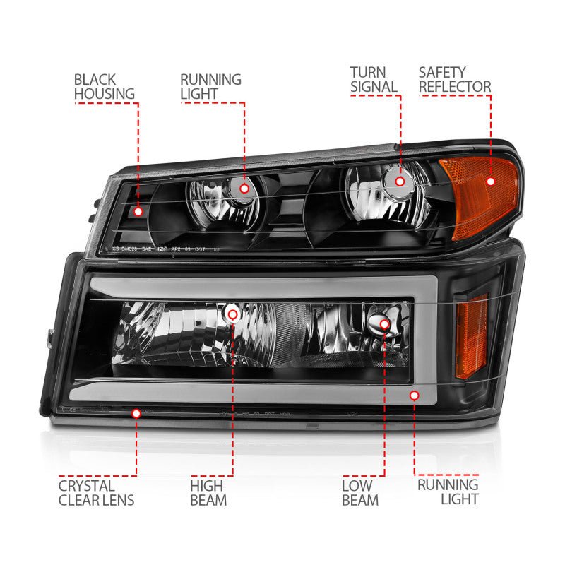 ANZO 04-12 GM Colorado/Canyon/I-Series Crystal Headlights - w/ Light Bar Black Housing 4pcs ANZO ANZ111558