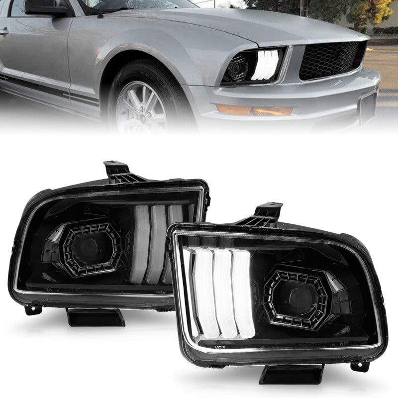 ANZO 05-09 Ford Mustang (w/Factory Halogen HL Only) Projector Headlights w/Light Bar Black Housing - Black Ops Auto Works