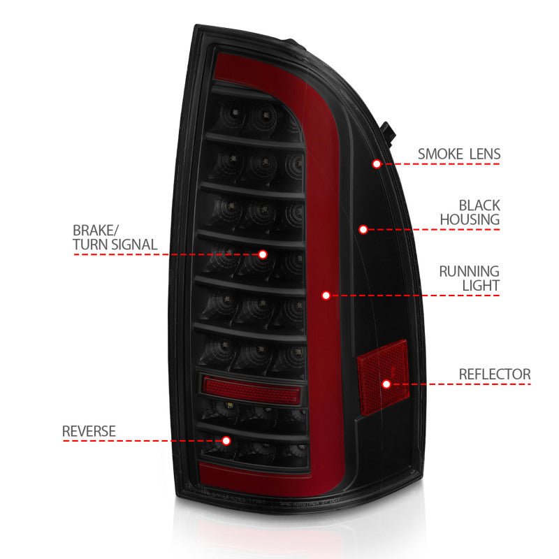 ANZO 05-15 Toyota Tacoma Full LED Tail Lights w/Light Bar Sequential Black Housing Smoke Lens - Black Ops Auto Works