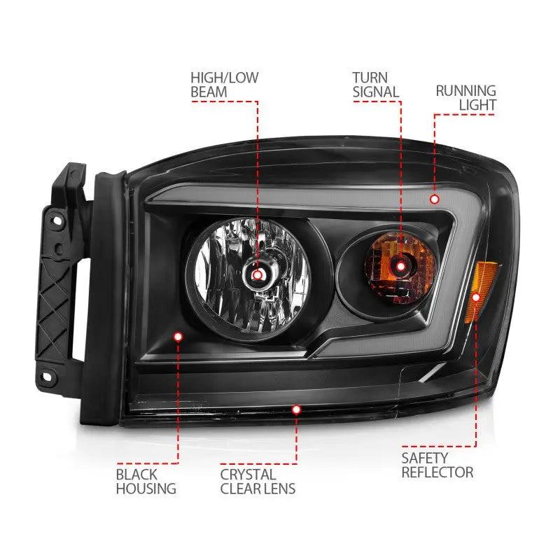 Anzo 06-09 Dodge RAM 1500/2500/3500 Headlights Black Housing/Clear Lens (w/ Light Bars) - Black Ops Auto Works