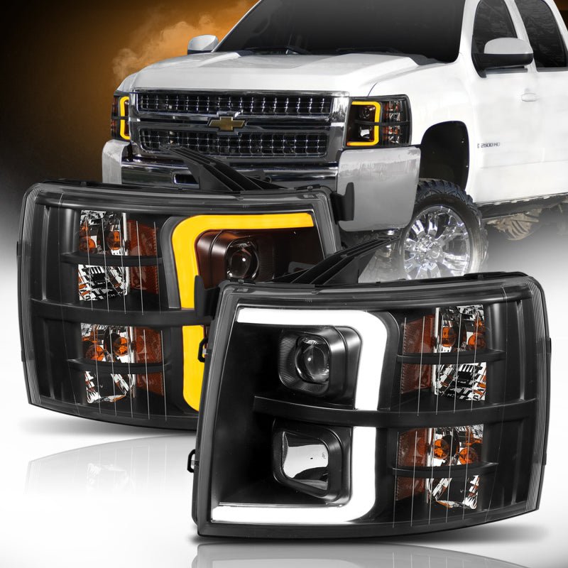 ANZO 07-13 Chevrolet Silverado 1500 Plank Style Projector Headlights Black w/ Amber ANZO ANZ111410