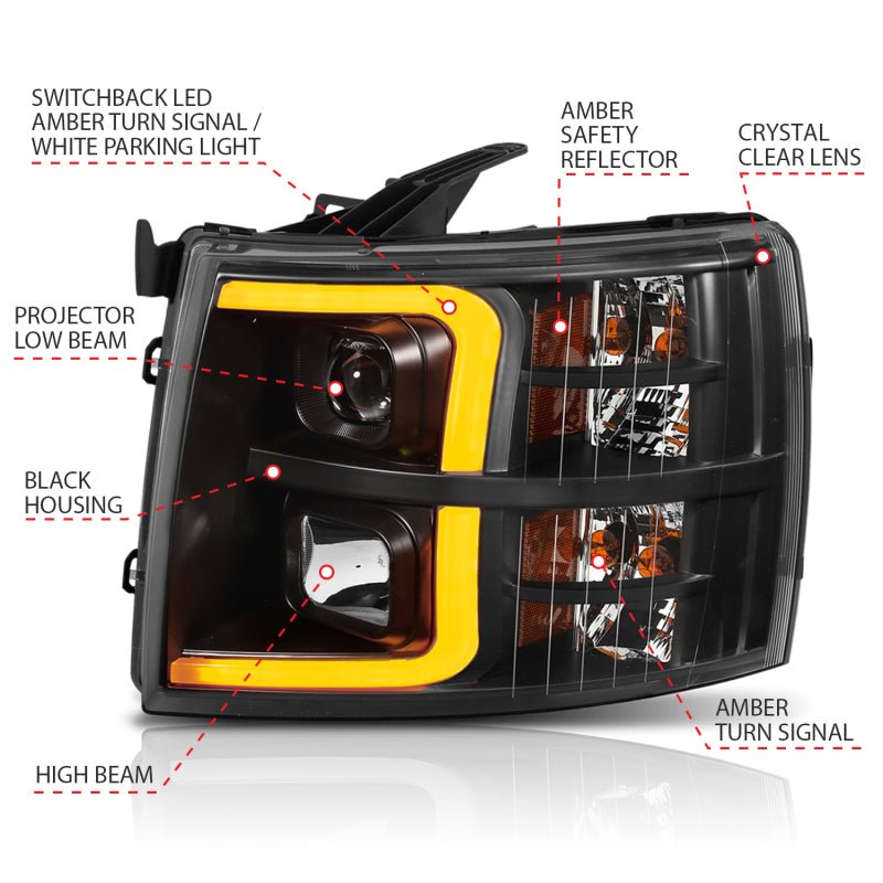 ANZO 07-13 Chevrolet Silverado 1500 Plank Style Projector Headlights Black w/ Amber ANZO ANZ111410