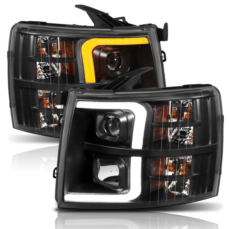 ANZO 07-13 Chevrolet Silverado 1500 Plank Style Projector Headlights Black w/ Amber ANZO ANZ111410