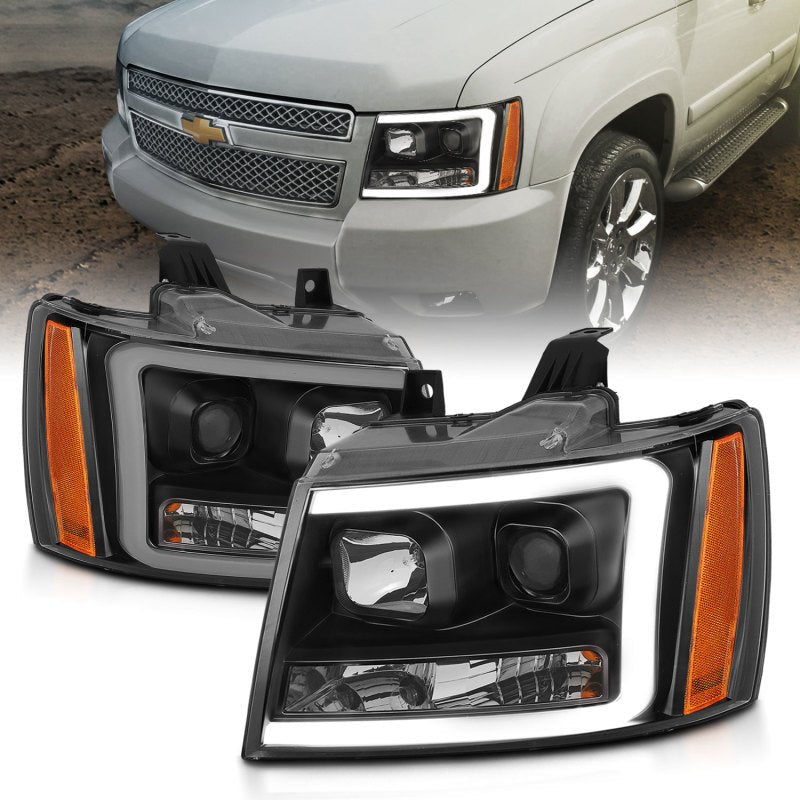 ANZO 07-14 Chevy Tahoe Projector Headlights w/ Plank Style Design Black w/ Amber ANZO ANZ111402