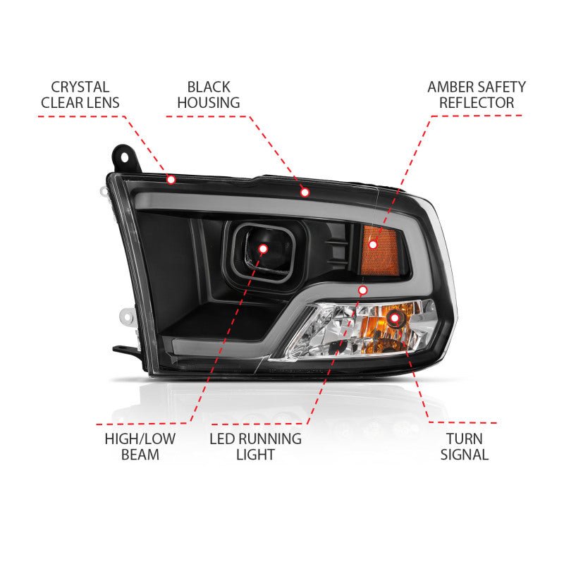 ANZO 09-18 Dodge Ram 1500 Plank Style Projector Headlights Black w/ Halo ANZO ANZ111404