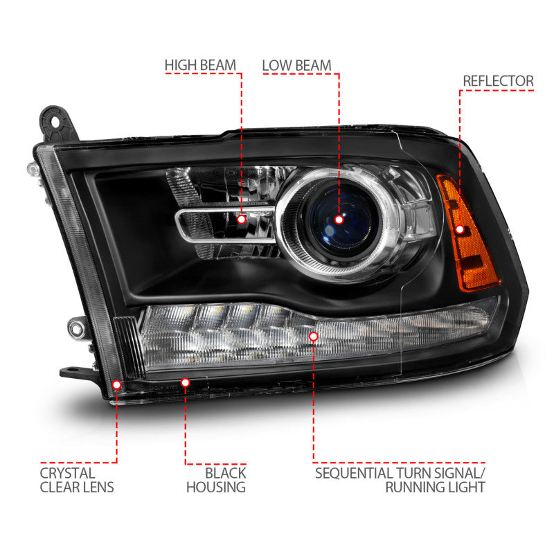 ANZO 09-18 Dodge Ram 1500/2500/3500 LED Plank Style Headlights Switchback + Sequential - Matte Black ANZO ANZ111609