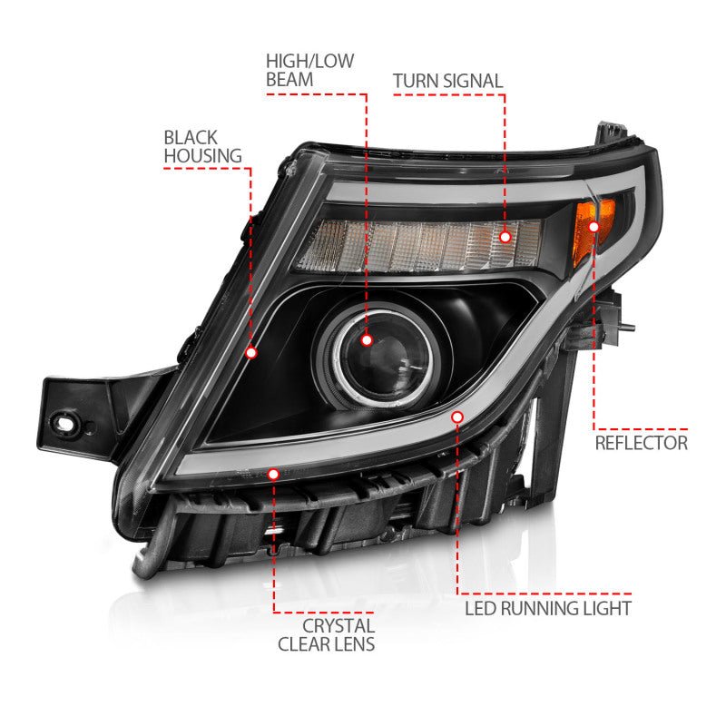 ANZO 11-15 Ford Explorer (w/Factory Halogen HL Only) Projector Headlights w/Light Bar Black Housing ANZO ANZ111575