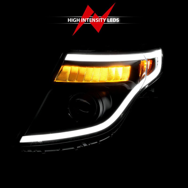 ANZO 11-15 Ford Explorer (w/Factory Halogen HL Only) Projector Headlights w/Light Bar Black Housing - Black Ops Auto Works