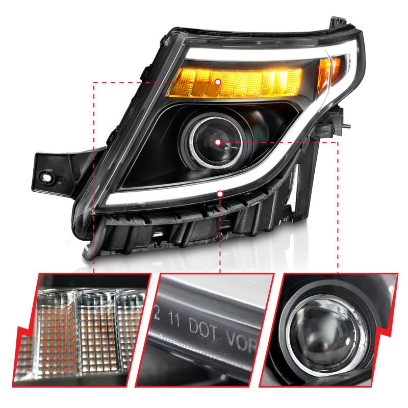 ANZO 11-15 Ford Explorer (w/Factory Halogen HL Only) Projector Headlights w/Light Bar Black Housing - Black Ops Auto Works