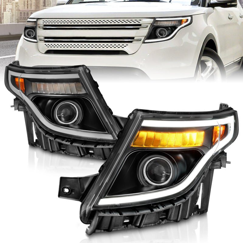 ANZO 11-15 Ford Explorer (w/Factory Halogen HL Only) Projector Headlights w/Light Bar Black Housing - Black Ops Auto Works