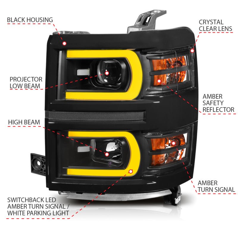 ANZO 14-15 Chevrolet Silverado 1500 Projector Headlights w/ Plank Style Switchback Black w/ Amber - Black Ops Auto Works