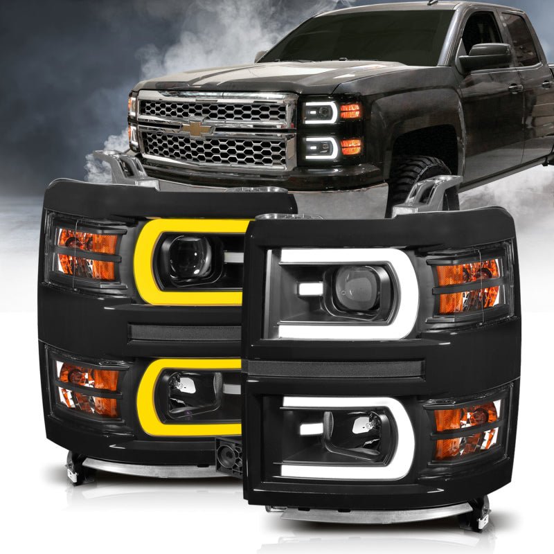 ANZO 14-15 Chevrolet Silverado 1500 Projector Headlights w/ Plank Style Switchback Black w/ Amber - Black Ops Auto Works