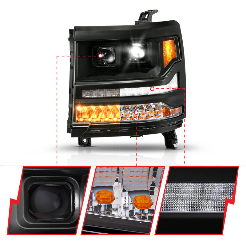 ANZO 16-18 Chevy Silverado 1500 (Factory HID Models ONLY) Full LED Proj Headlights Black - Pair ANZO ANZ111622A