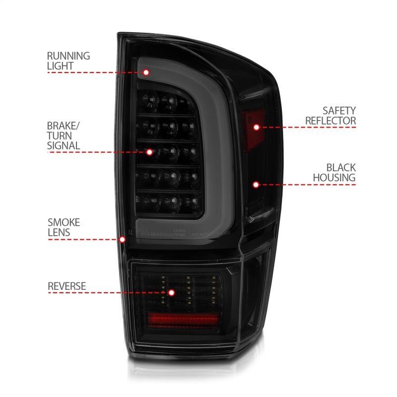 ANZO 16-21 Toyota Tacoma LED Tail Lights - w/ Light Bar Sequential Black Housing & Smoke Lens - Black Ops Auto Works