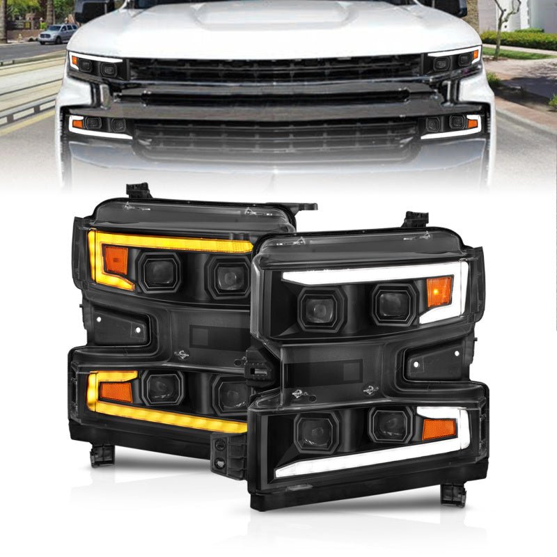 ANZO 19-22 Chevrolet Silverado 1500 LED Proj HL w/Lgt Bar SwBk Seq. Blk w/In. Light - Driver Side ON ANZO ANZ111566-L