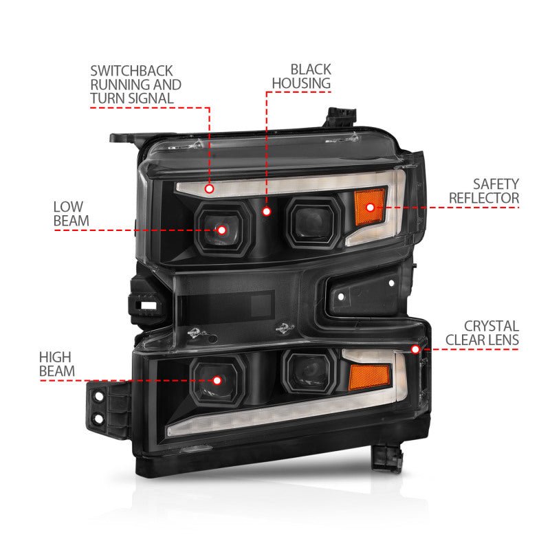 ANZO 19-22 Chevrolet Silverado 1500 LED Proj HL w/Lgt Bar SwBk Seq. Blk w/In. Light - Driver Side ON ANZO ANZ111566-L